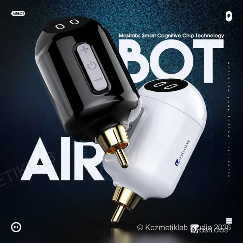 Kablosuz Dövme Makinesi Adaptörü: Mast Airbot Smart detaylı kullanım ve kutu içeriği görünümü