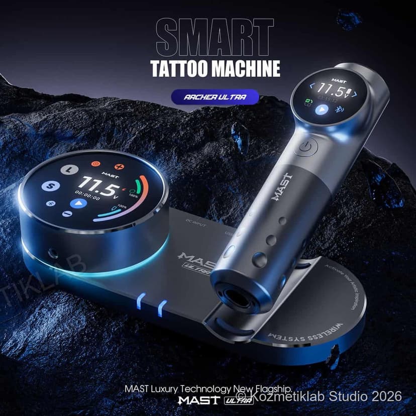 Dragonhawk Mast Archer Ultra Kablosuz Dövme Kalemi – 4.5 mm Stroke, Akıllı Ekran & Bluetooth detaylı kullanım ve kutu içeriği görünümü