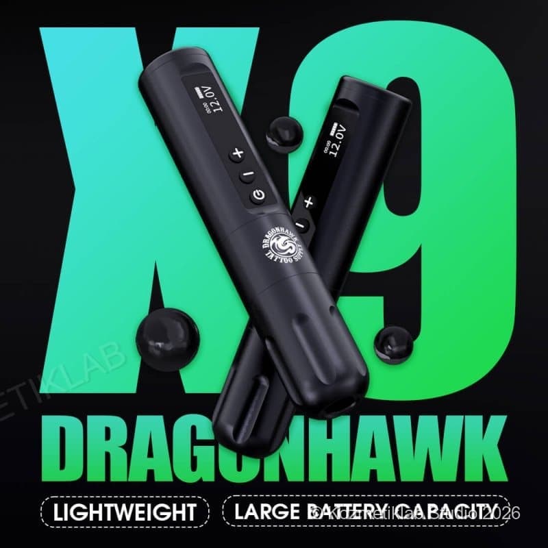 Dragonhawk X9 Kablosuz Dövme Makinesi – 3.5mm Stroke, 3400mAh detaylı kullanım ve kutu içeriği görünümü