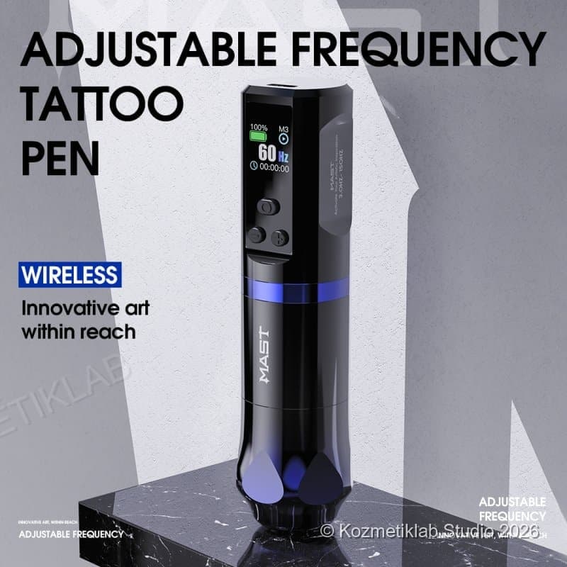 Mast Hertz Kablosuz Dövme Makinesi (Ayarlanabilir Frekans, 3.5 mm Stroke, 1800 mAh) detaylı kullanım ve kutu içeriği görünümü