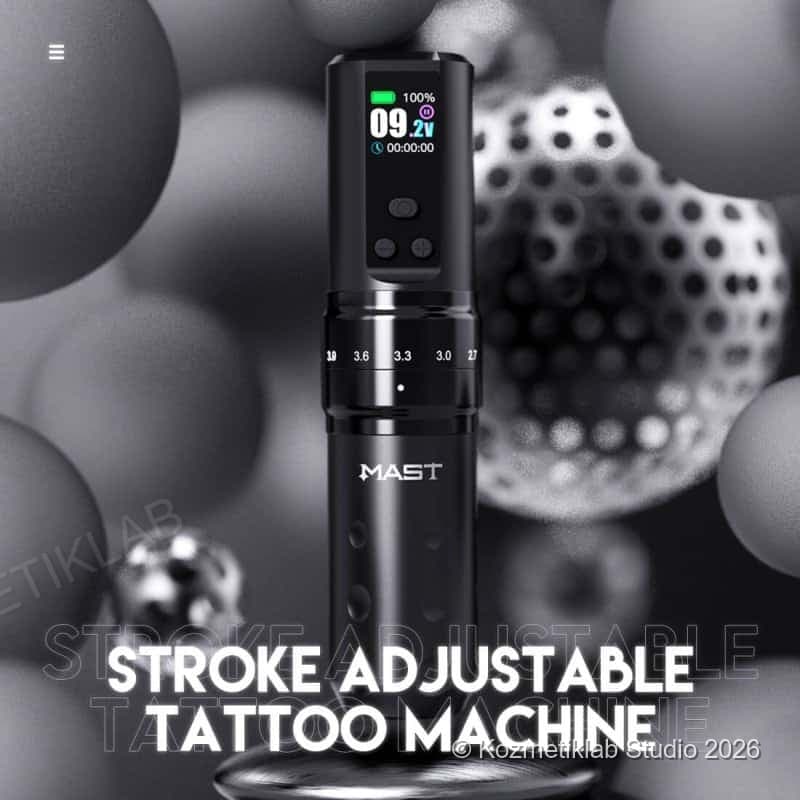 Mast Fold 2 Pro Kablosuz Dövme Makinesi (2.44.2 mm Stroke, Çift Batarya) detaylı kullanım ve kutu içeriği görünümü