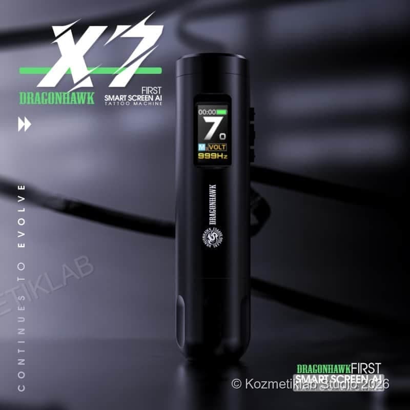Dragonhawk X7 Kablosuz Dövme Makinesi | Akıllı Ekran AI, 3.5mm Stroke, Fırçasız Motor detaylı kullanım ve kutu içeriği görünümü